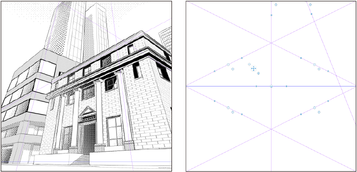 Illustration explaining how to draw the perspective of an L-shaped building  with a tower | RIBA pix